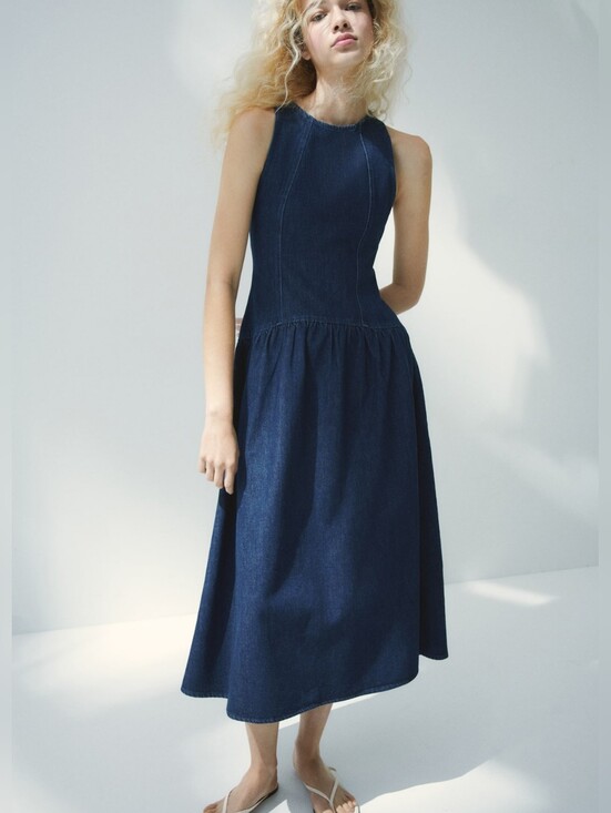 H&M Dresses & Skirts - H&M Skirt-flared denim dress Midi Ajustable Crossed Straps Dark Denim Blue Bnwt